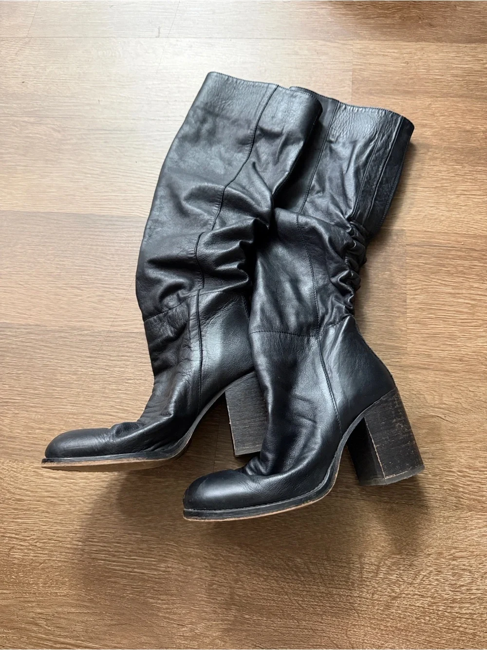 Free People Elle Tall Slouch leather boots in black with a stacked block heel 36